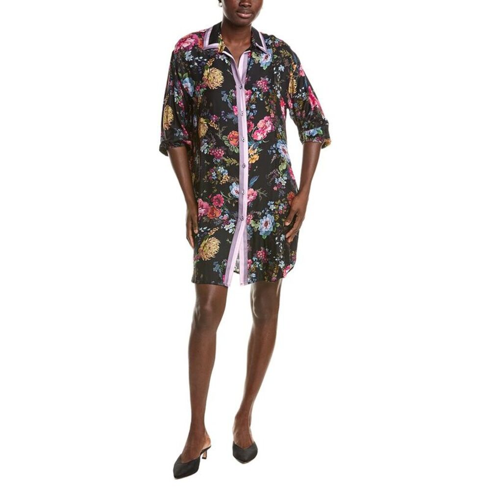 Johnny Was Womens Button Down Silk-Blend Shirtdress, Black